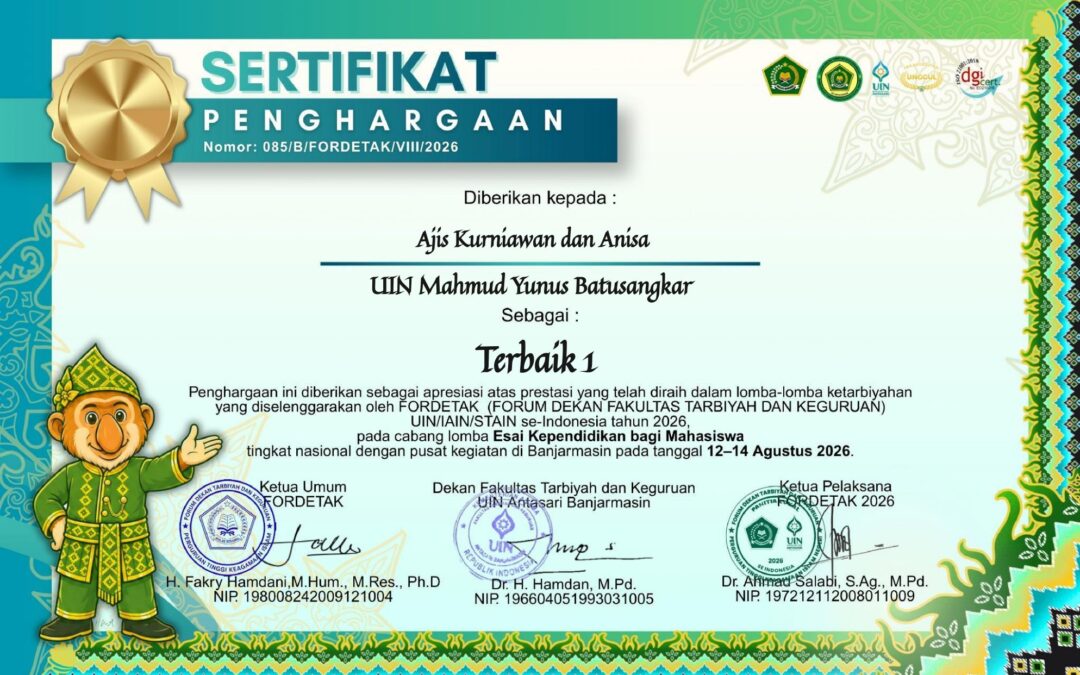 Mahasiswa Kimia FTIK UIN Mahmud Yunus Batusangkar Raih Juara 1 Esai Kependidikan pada FORDETAK Nasional
