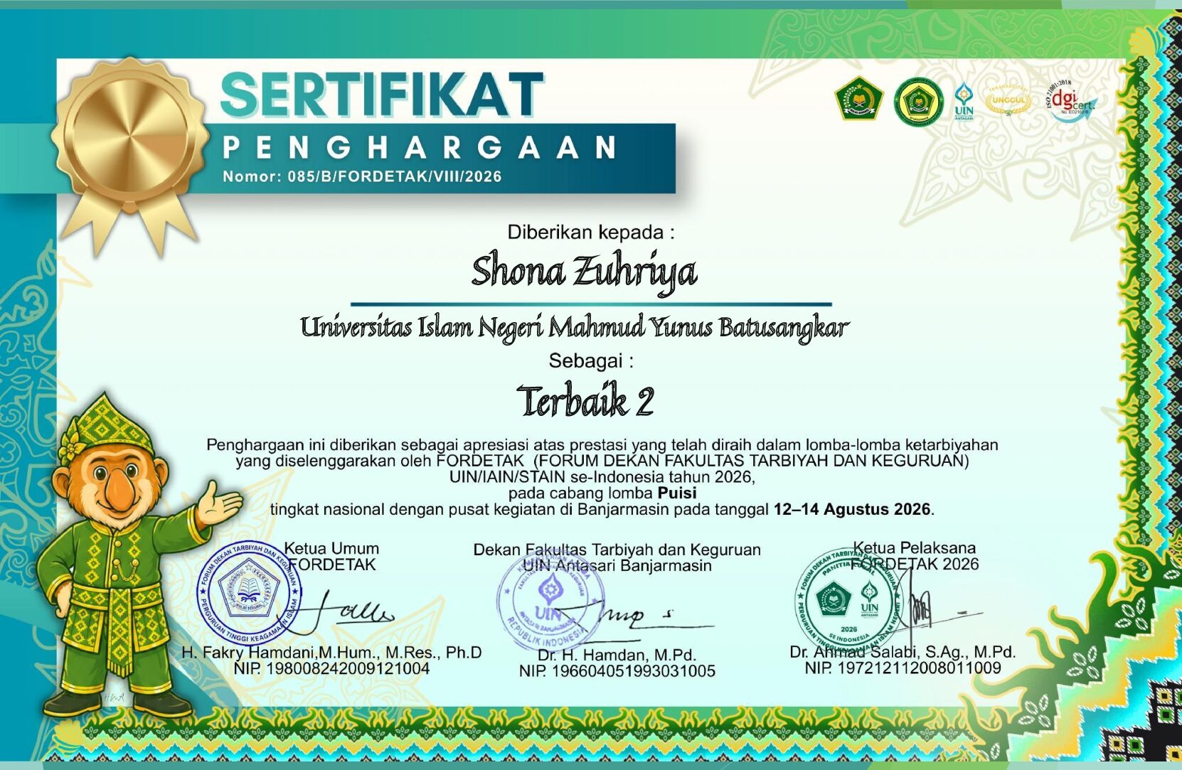 Mahasiswa Tadris Biologi FTIK UIN Mahmud Yunus Batusangkar Raih Terbaik 2 Lomba Puisi FORDETAK 2026